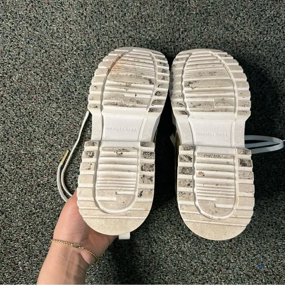 MICHEAL KORS Metallic Gold &amp; White Neutral Chunky Logo Sneakers Platform Shoes