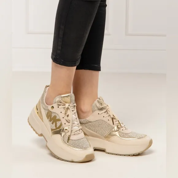 MICHEAL KORS Metallic Gold &amp; White Neutral Chunky Logo Sneakers Platform Shoes