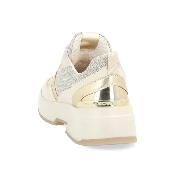 MICHEAL KORS Metallic Gold &amp; White Neutral Chunky Logo Sneakers Platform Shoes