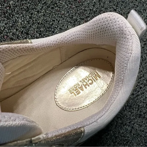 MICHEAL KORS Metallic Gold &amp; White Neutral Chunky Logo Sneakers Platform Shoes