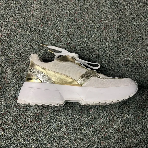 MICHEAL KORS Metallic Gold &amp; White Neutral Chunky Logo Sneakers Platform Shoes