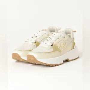 MICHEAL KORS Metallic Gold &amp; White Neutral Chunky Logo Sneakers Platform Shoes