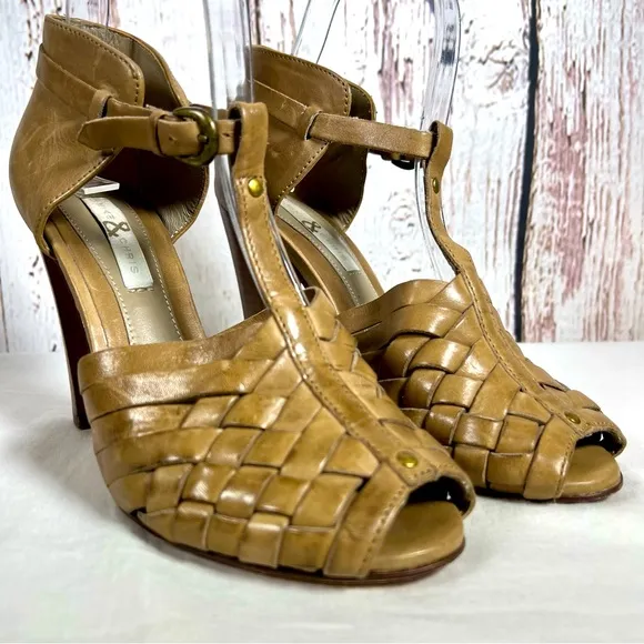 Mike &amp; Chris Woven Leather Boho T Strap High Heel Open Toe Sandals Size 37 EUC