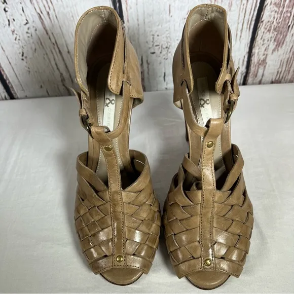 Mike &amp; Chris Woven Leather Boho T Strap High Heel Open Toe Sandals Size 37 EUC