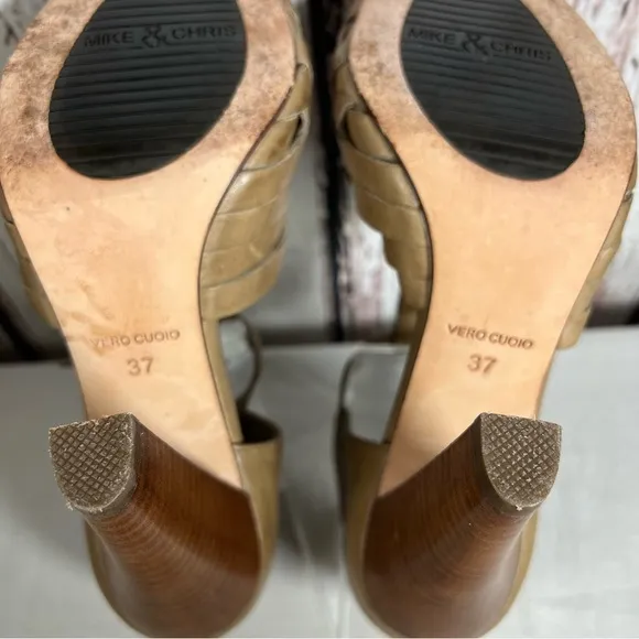 Mike &amp; Chris Woven Leather Boho T Strap High Heel Open Toe Sandals Size 37 EUC