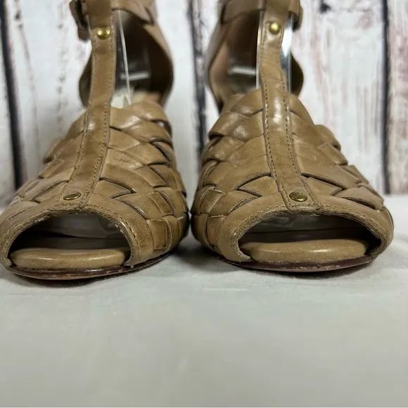 Mike &amp; Chris Woven Leather Boho T Strap High Heel Open Toe Sandals Size 37 EUC