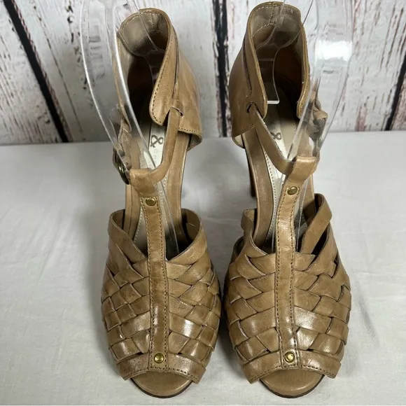 Mike &amp; Chris Woven Leather Boho T Strap High Heel Open Toe Sandals Size 37 EUC