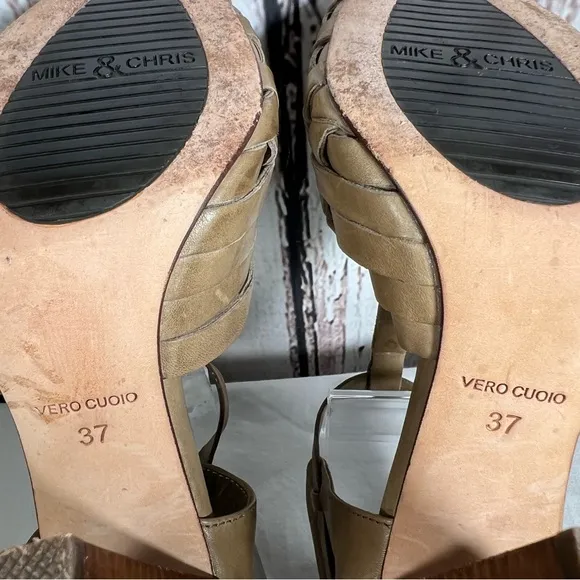 Mike &amp; Chris Woven Leather Boho T Strap High Heel Open Toe Sandals Size 37 EUC