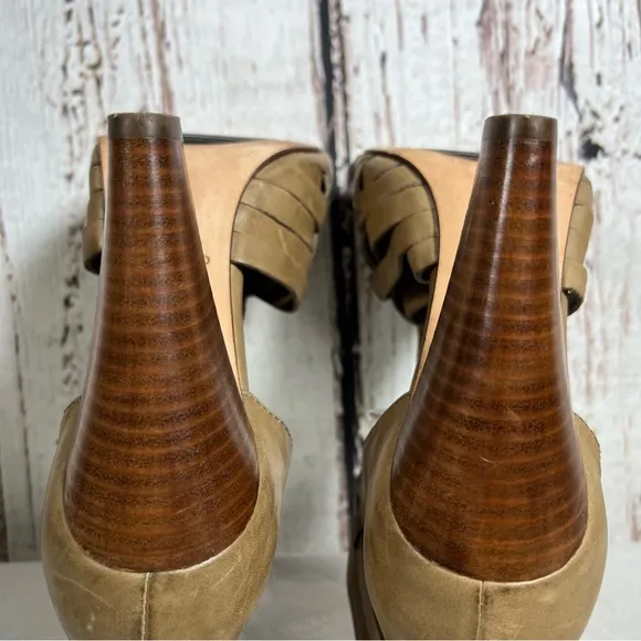 Mike &amp; Chris Woven Leather Boho T Strap High Heel Open Toe Sandals Size 37 EUC