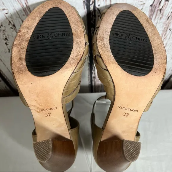 Mike &amp; Chris Woven Leather Boho T Strap High Heel Open Toe Sandals Size 37 EUC