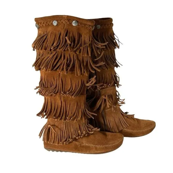 Minnetonka Boho Festival Brown Suede 5-Layer Fringe Moccasin Zip-up Boot Size 7
