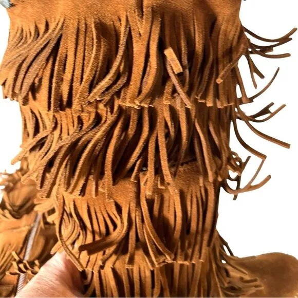 Minnetonka Boho Festival Brown Suede 5-Layer Fringe Moccasin Zip-up Boot Size 7