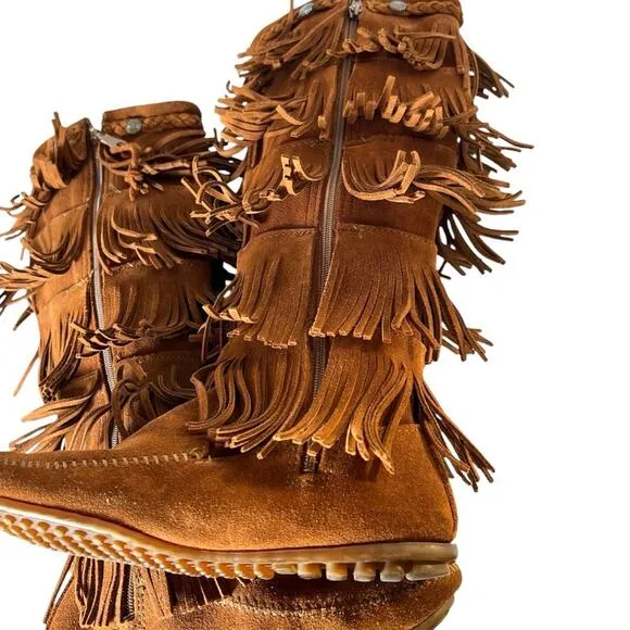 Minnetonka Boho Festival Brown Suede 5-Layer Fringe Moccasin Zip-up Boot Size 7