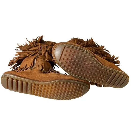 Minnetonka Boho Festival Brown Suede 5-Layer Fringe Moccasin Zip-up Boot Size 7