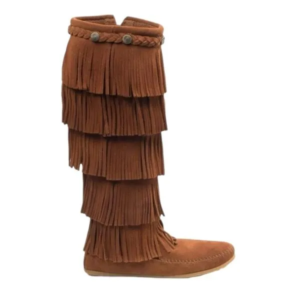 Minnetonka Boho Festival Brown Suede 5-Layer Fringe Moccasin Zip-up Boot Size 7
