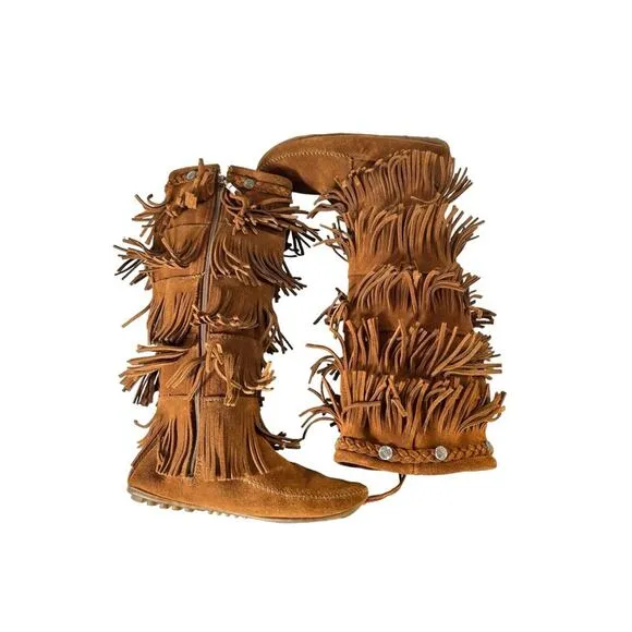 Minnetonka Boho Festival Brown Suede 5-Layer Fringe Moccasin Zip-up Boot Size 7