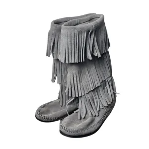 Minnetonka Gray Suede NWOB Fringe Calf High 3 Layer Fringe Boots Size 7 Boho
