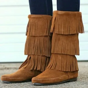 Minnetonka 3‎ Levels of Fringe Tall Suede Boots 8