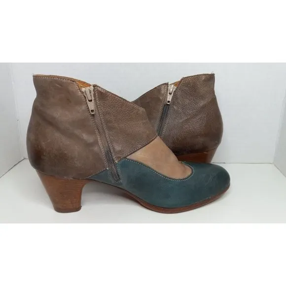 Moma 41 Italy Leather Brown Green Multicolor Boho Peasant Statement Heeled Boots