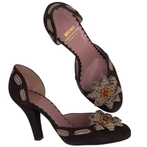 Moschino Brown D'Orsay Chunky Heel Pump Rosette 38