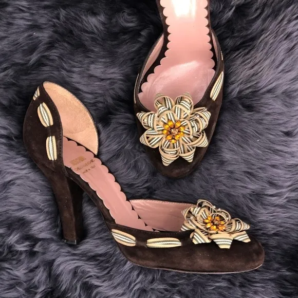 Moschino Brown D'Orsay Chunky Heel Pump Rosette 38