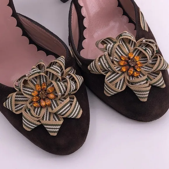 Moschino Brown D'Orsay Chunky Heel Pump Rosette 38