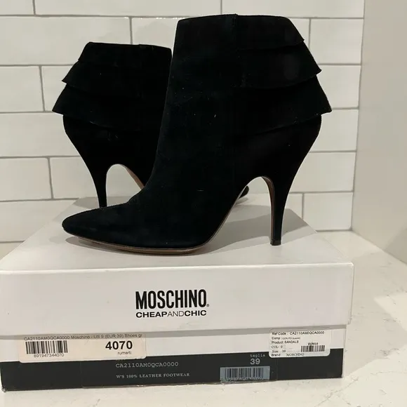 Moschino Suede Ruffle Boot Booties. Black. Size 9. Includes Box. EUC.