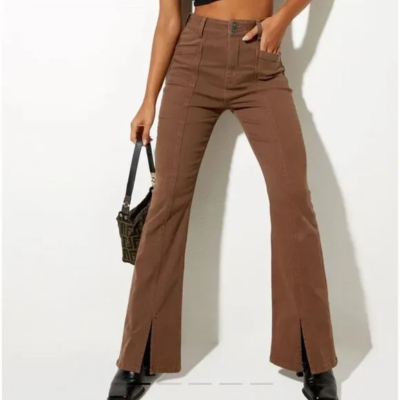Motel Rocks Women S Denim Flare Split Seam Rich Brown Boho Front Pockets Jeans