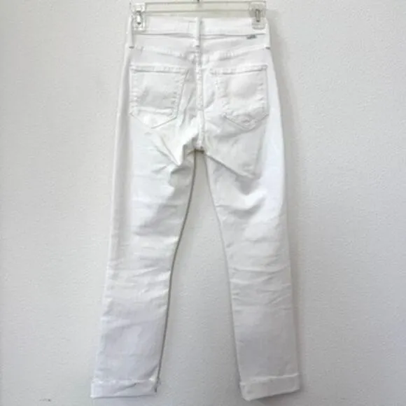 MOTHER Mid Rise Dazzler Ankle Jeans White Straight Leg Raw Hem Size 25