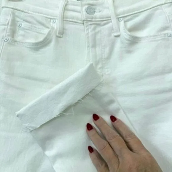 MOTHER Mid Rise Dazzler Ankle Jeans White Straight Leg Raw Hem Size 25