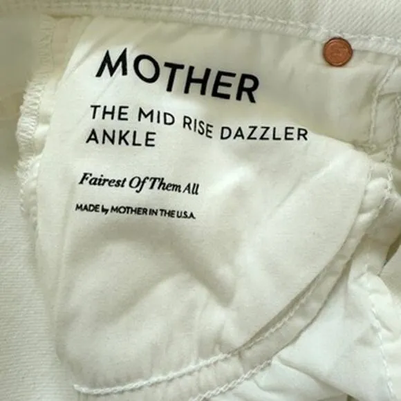 MOTHER Mid Rise Dazzler Ankle Jeans White Straight Leg Raw Hem Size 25
