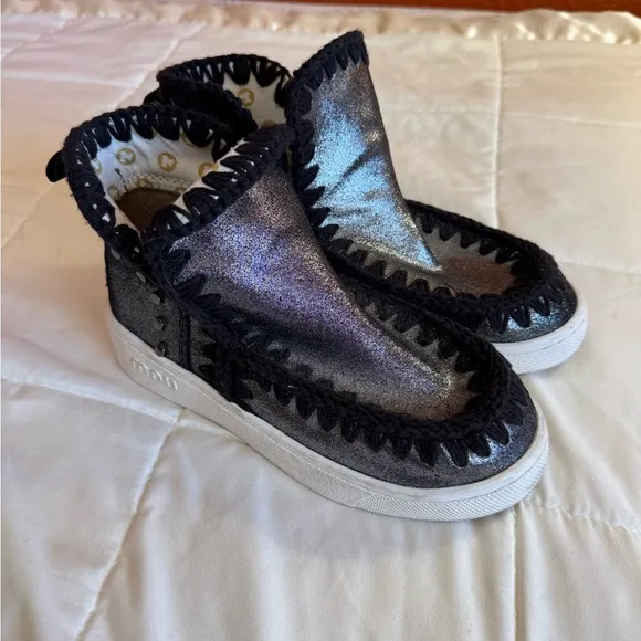 Mou Eskimo Sneaker Boots, Metallic Silver Black, Size 6.5 EU 37