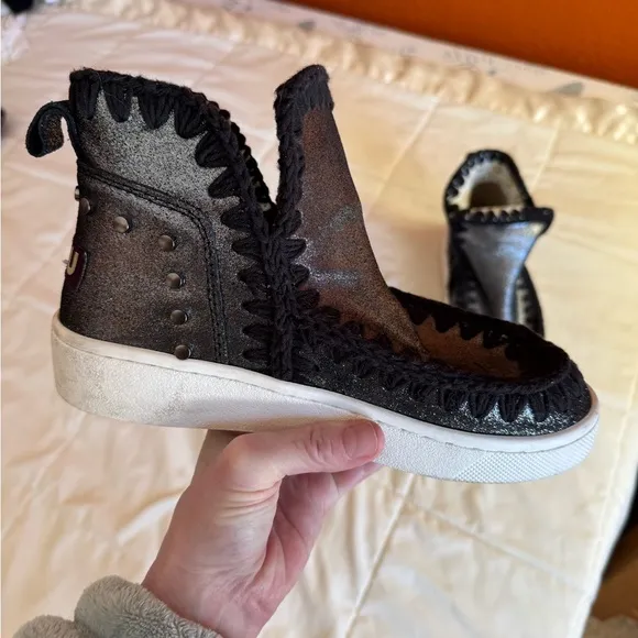 Mou Eskimo Sneaker Boots, Metallic Silver Black, Size 6.5 EU 37