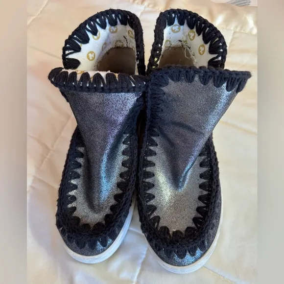 Mou Eskimo Sneaker Boots, Metallic Silver Black, Size 6.5 EU 37