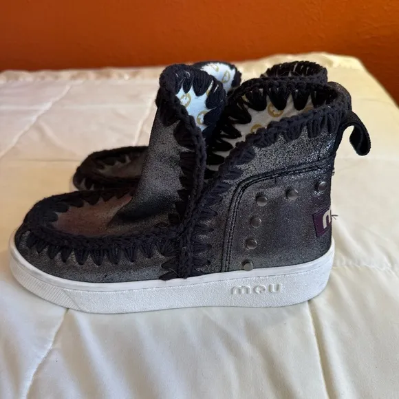 Mou Eskimo Sneaker Boots, Metallic Silver Black, Size 6.5 EU 37