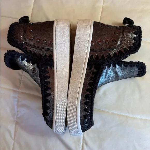Mou Eskimo Sneaker Boots, Metallic Silver Black, Size 6.5 EU 37