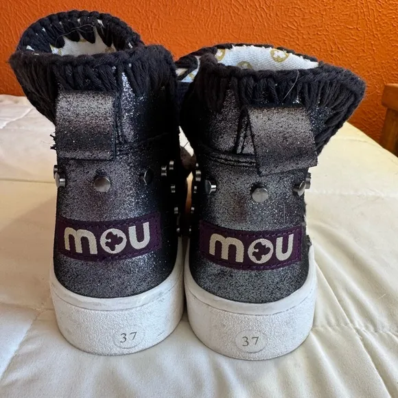 Mou Eskimo Sneaker Boots, Metallic Silver Black, Size 6.5 EU 37