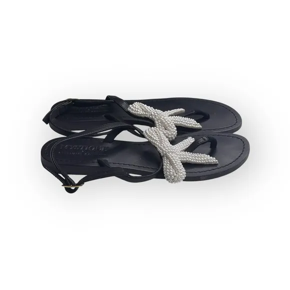 Mystique x Stephanie Gottlieb 𞠬 Liza Pearl Bow Flat Sandals 𞠬 Black Leather 𞠬