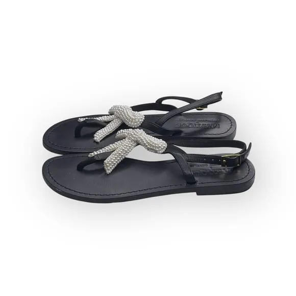 Mystique x Stephanie Gottlieb 𞠬 Liza Pearl Bow Flat Sandals 𞠬 Black Leather 𞠬
