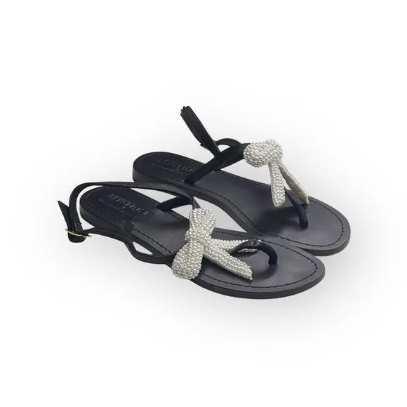 Mystique x Stephanie Gottlieb 𞠬 Liza Pearl Bow Flat Sandals 𞠬 Black Leather 𞠬