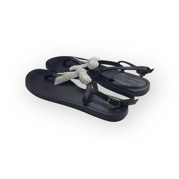 Mystique x Stephanie Gottlieb 𞠬 Liza Pearl Bow Flat Sandals 𞠬 Black Leather 𞠬