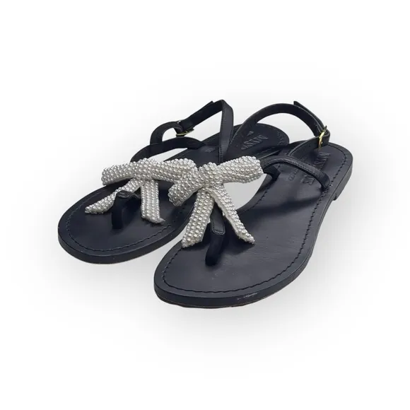 Mystique x Stephanie Gottlieb 𞠬 Liza Pearl Bow Flat Sandals 𞠬 Black Leather 𞠬