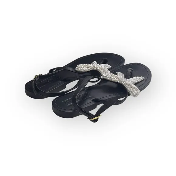Mystique x Stephanie Gottlieb 𞠬 Liza Pearl Bow Flat Sandals 𞠬 Black Leather 𞠬
