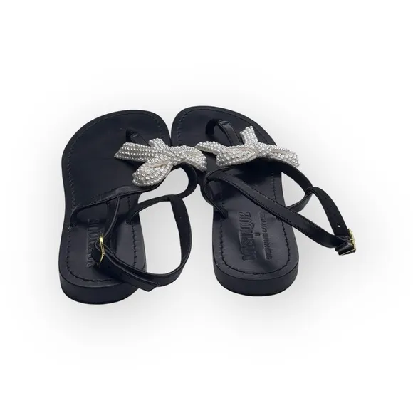 Mystique x Stephanie Gottlieb 𞠬 Liza Pearl Bow Flat Sandals 𞠬 Black Leather 𞠬