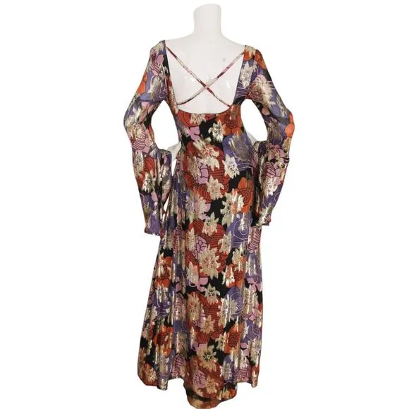 Nasty Gal Dress Floral Metallic Bell Sleeve Maxi Sz 6 Party Boho Retro 70s Disco