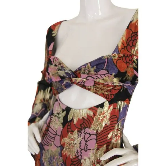 Nasty Gal Dress Floral Metallic Bell Sleeve Maxi Sz 6 Party Boho Retro 70s Disco
