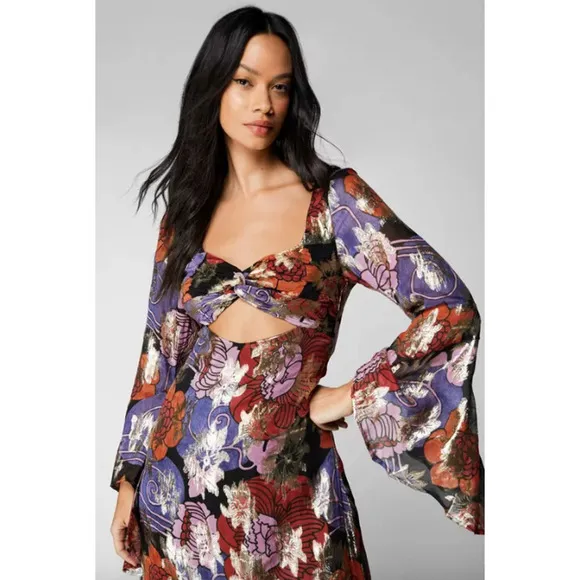 Nasty Gal Dress Floral Metallic Bell Sleeve Maxi Sz 6 Party Boho Retro 70s Disco