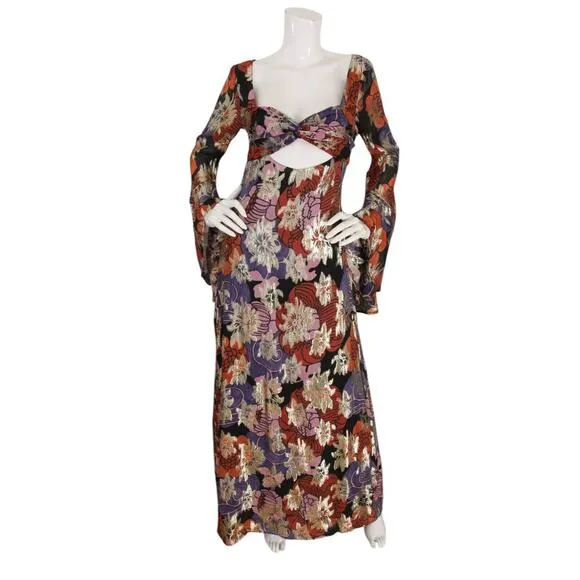 Nasty Gal Dress Floral Metallic Bell Sleeve Maxi Sz 6 Party Boho Retro 70s Disco