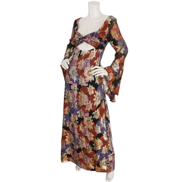 Nasty Gal Dress Floral Metallic Bell Sleeve Maxi Sz 6 Party Boho Retro 70s Disco