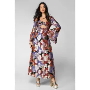 Nasty Gal Dress Floral Metallic Bell Sleeve Maxi Sz 6 Party Boho Retro 70s Disco